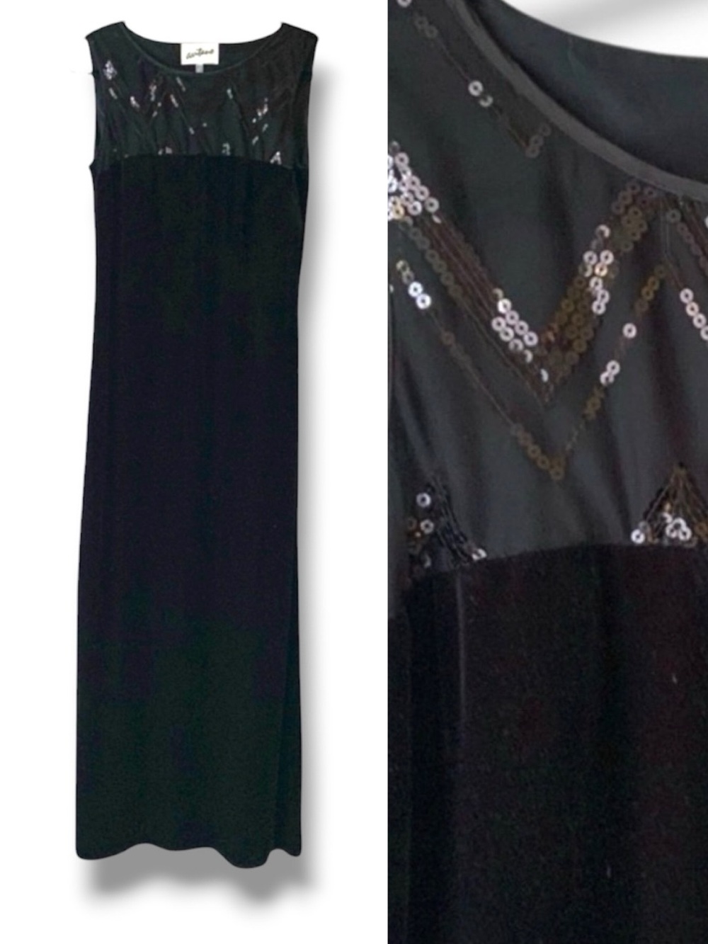 AVITANO Velvet Maxi Dress Zig Zag Sequined Black Size 8